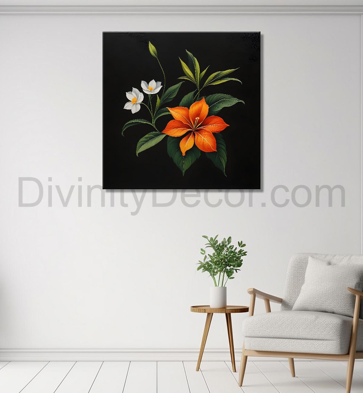 Orange flowers in black background painting - Flower-S-271