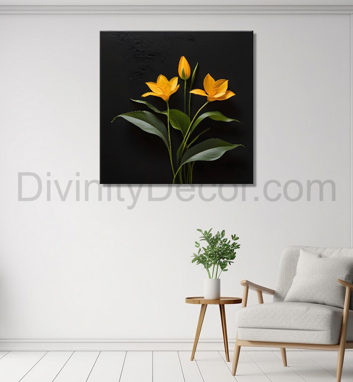 Yellow flowers in black background painting - Flower-S-272