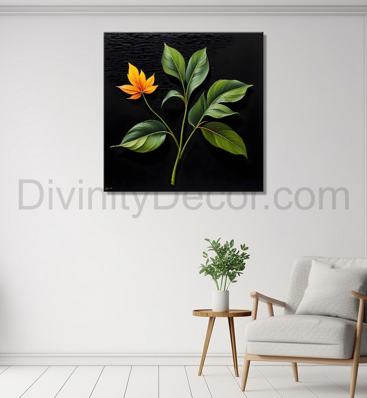 Yellow leaf in black background painting - Flower-S-274