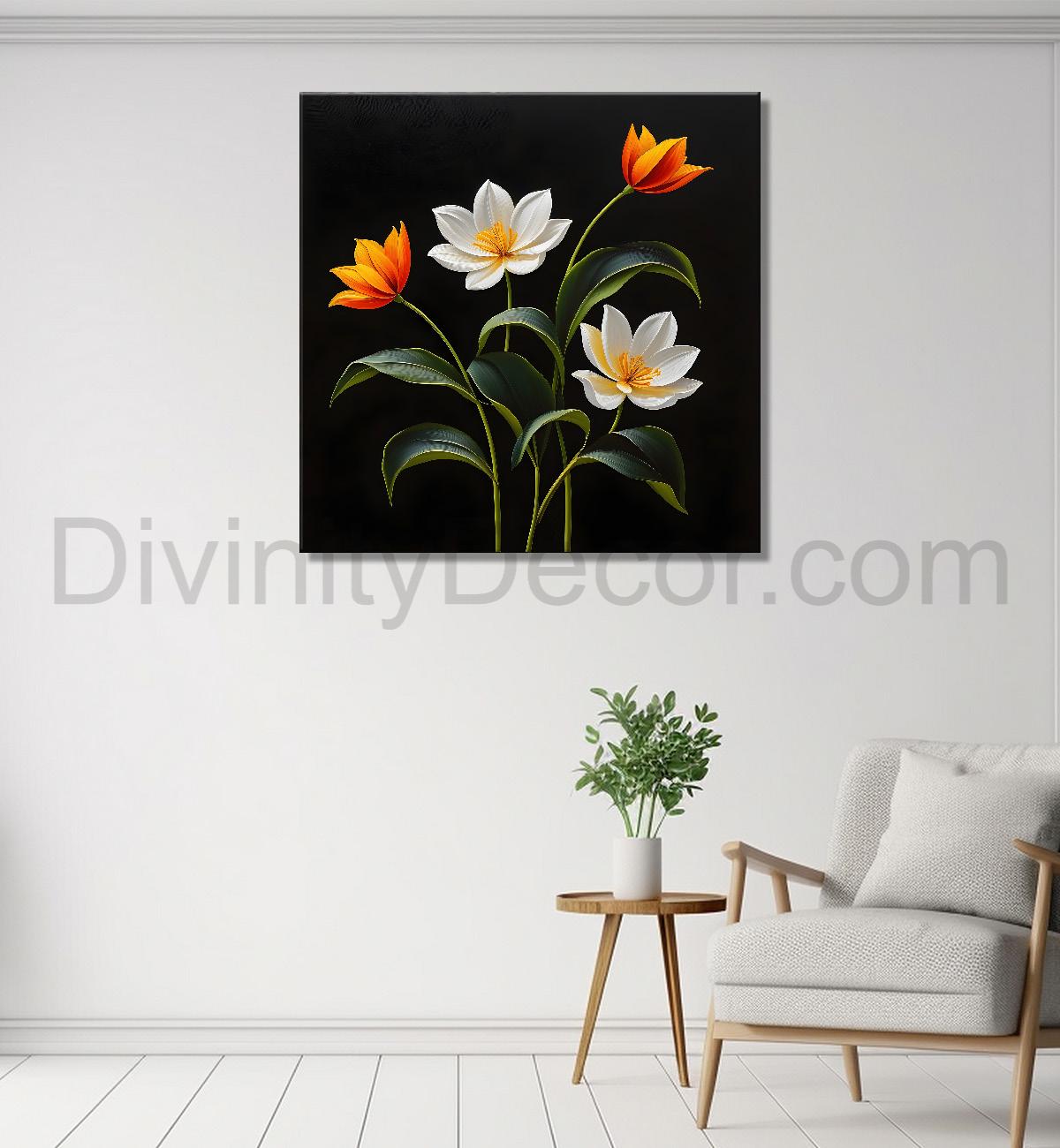 White and orange flowers in black background painting - Flower-S-275