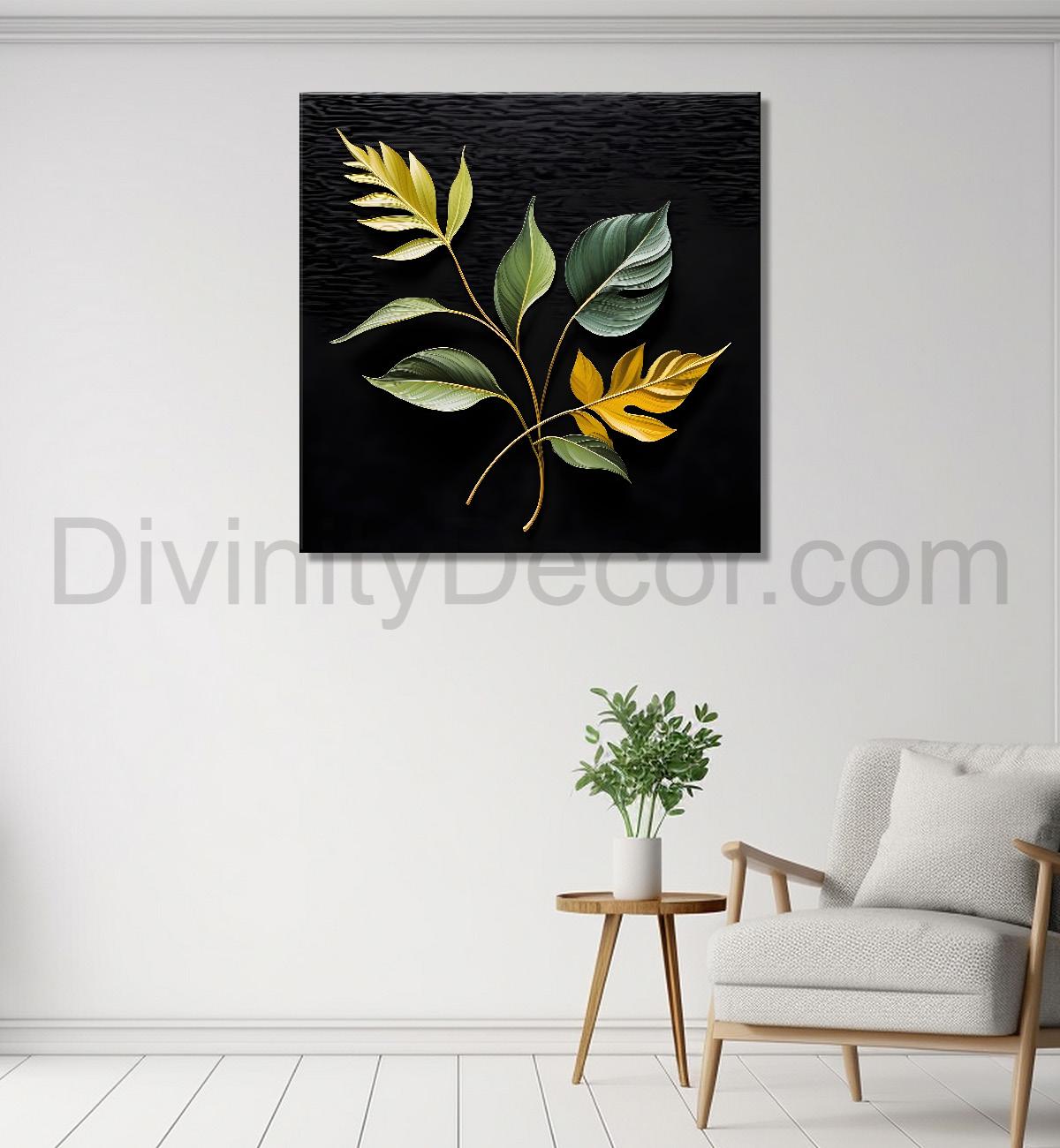 Yellow leaf in black background painting - Flower-S-276