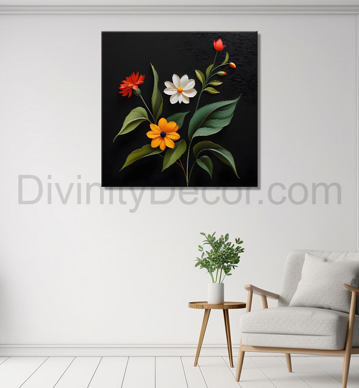 Colourful flowers in black background painting - Flower-S-277