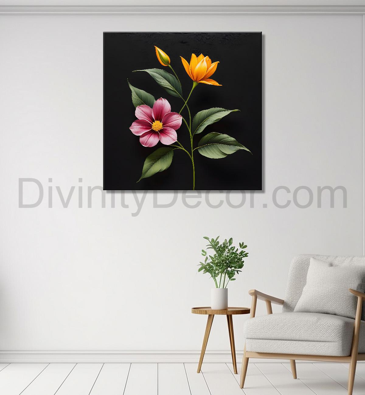 Colourful flowers in black background painting - Flower-S-278