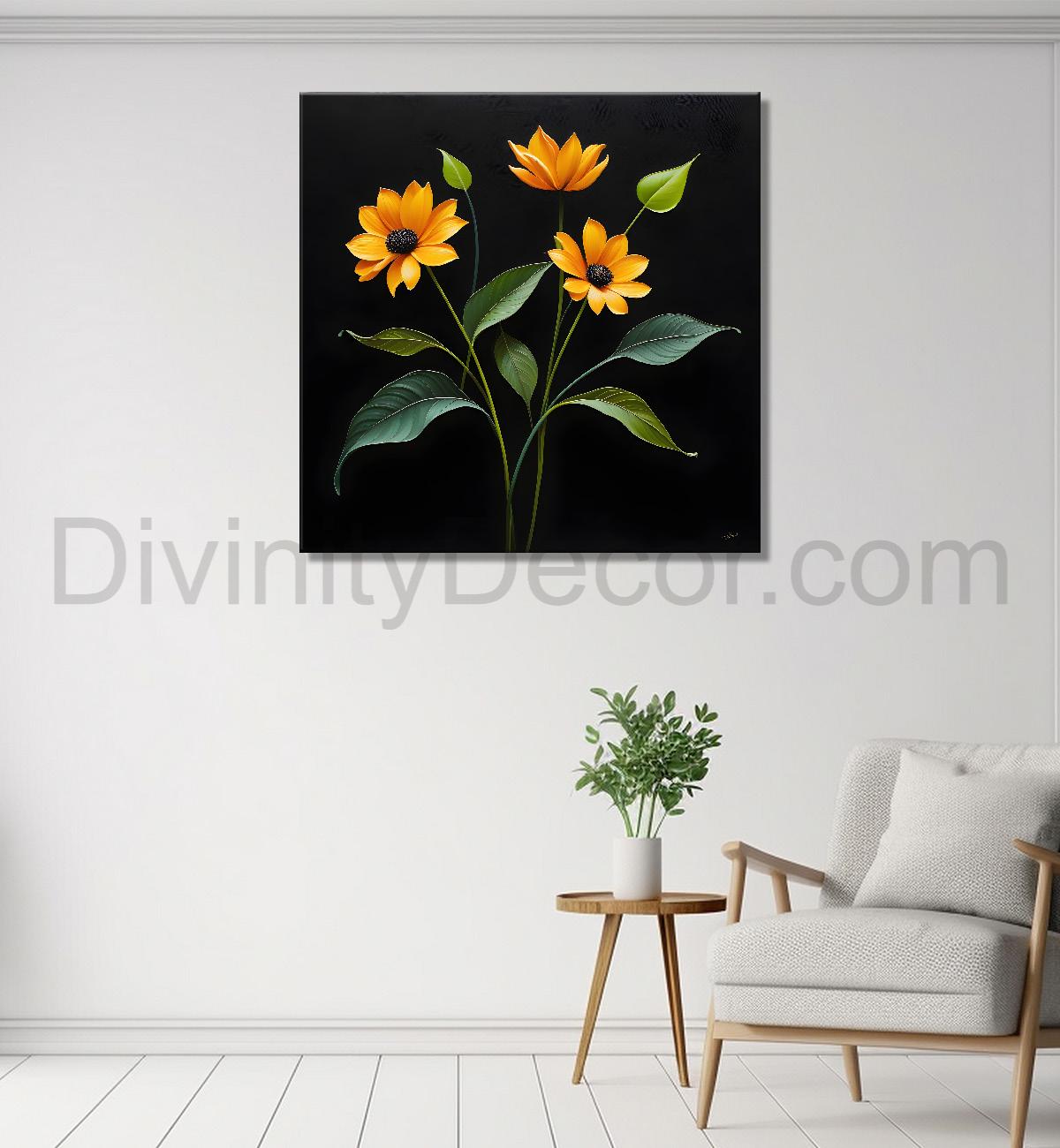 Yellow flowers in black background painting - Flower-S-279