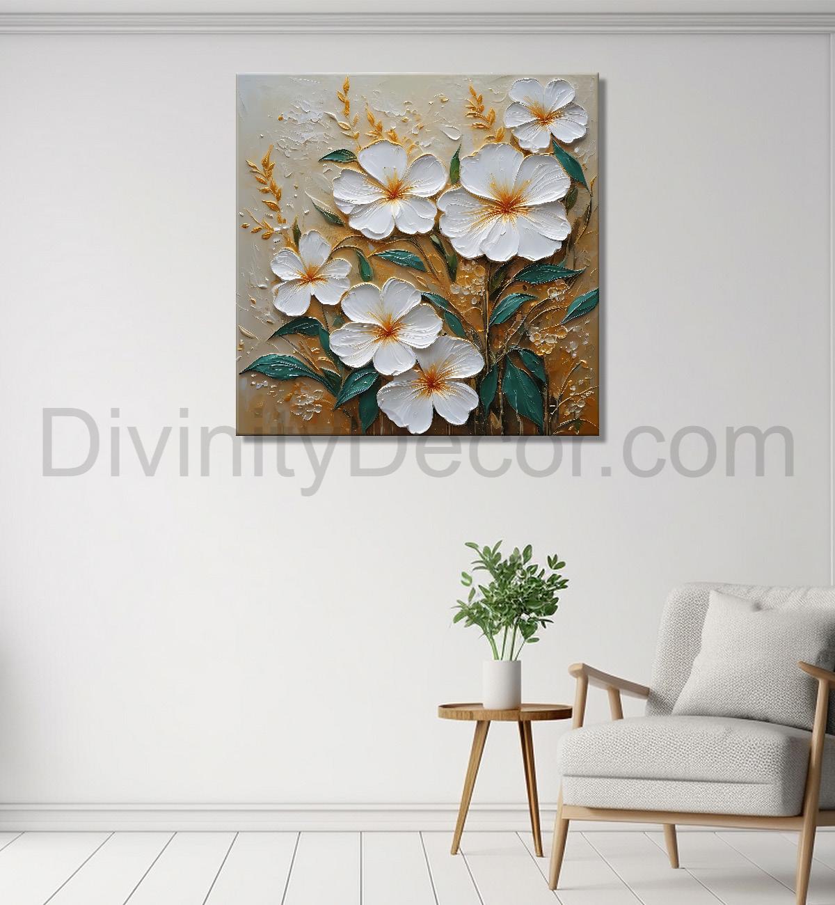 White flowers in light brown background painting - Flower-S-292