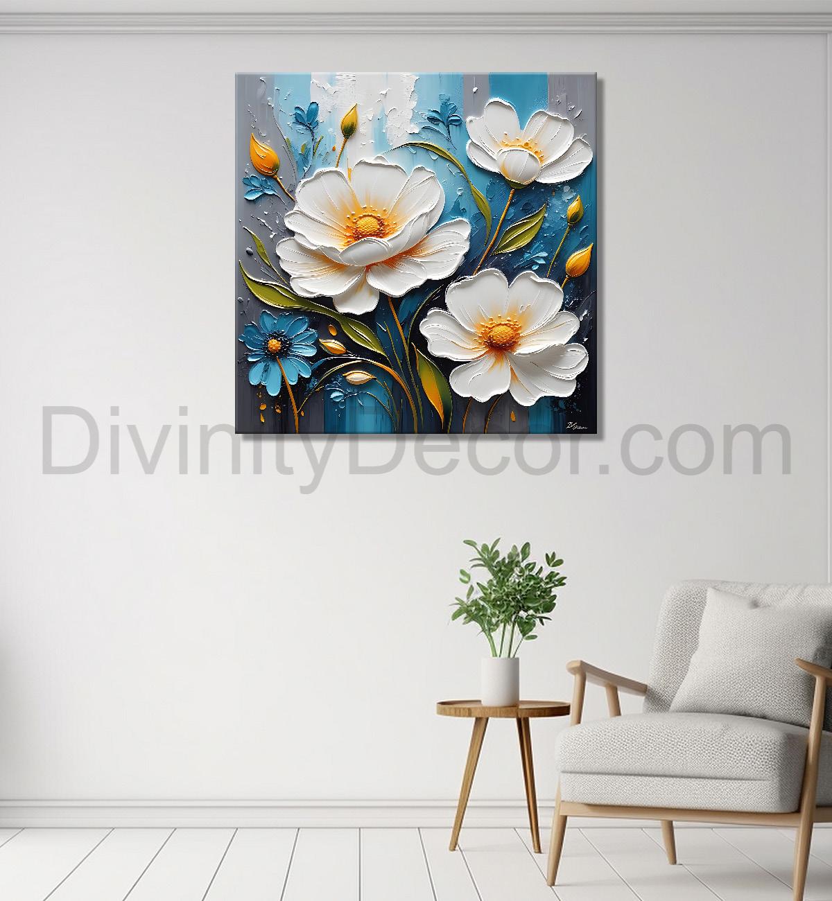 White flowers in light brown background painting - Flower-S-293