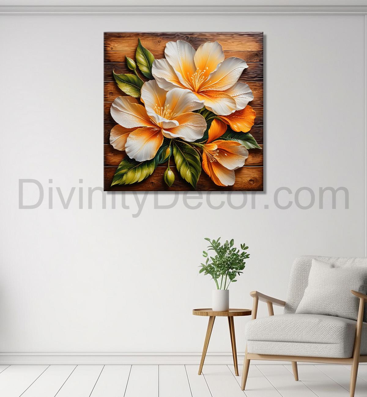 White flower in brown background painting - Flower-S-300