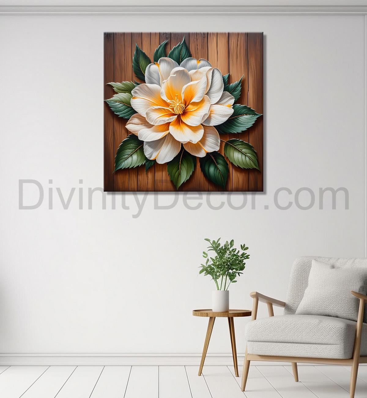 White flower in brown background painting - Flower-S-304