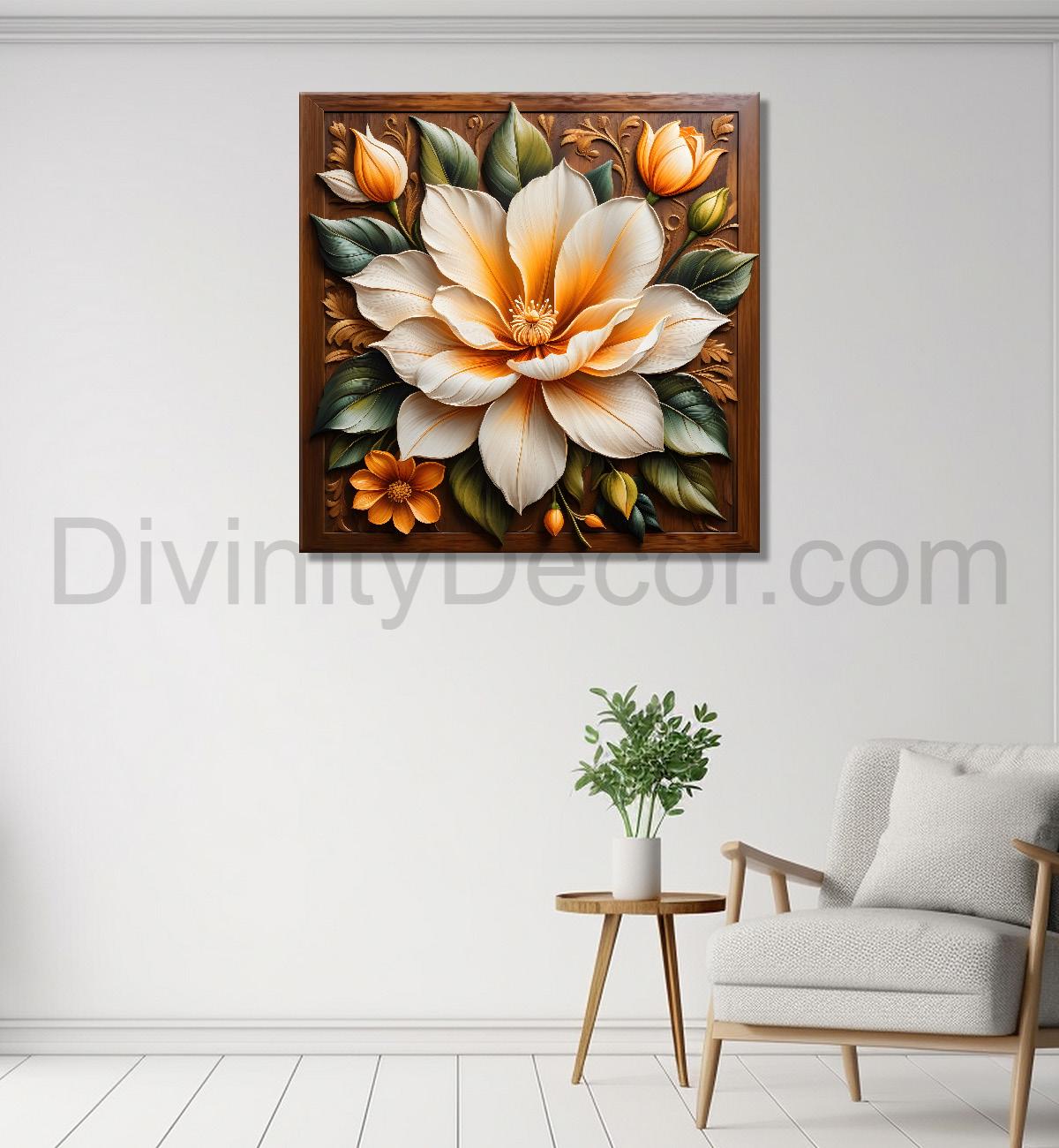White flower in brown background painting  - Flower-S-308