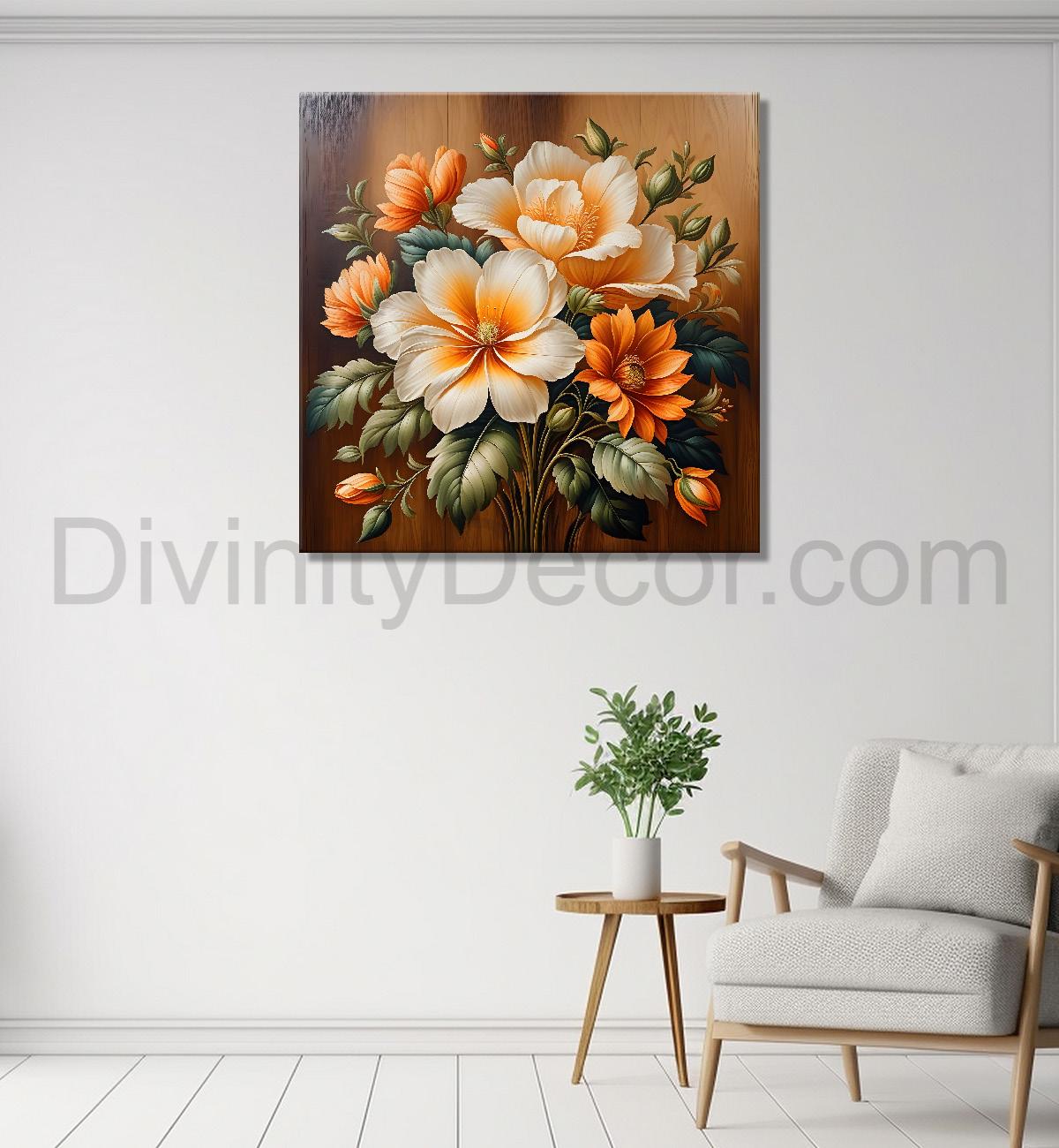 White and orange flower in brown background painting - Flower-S-309