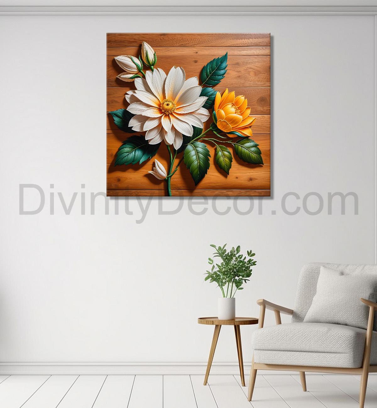 White and orange flower in brown background painting - Flower-S-310