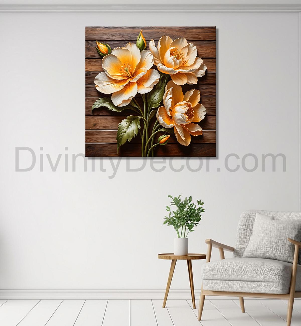 White and orange flower in brown background painting - Flower-S-311