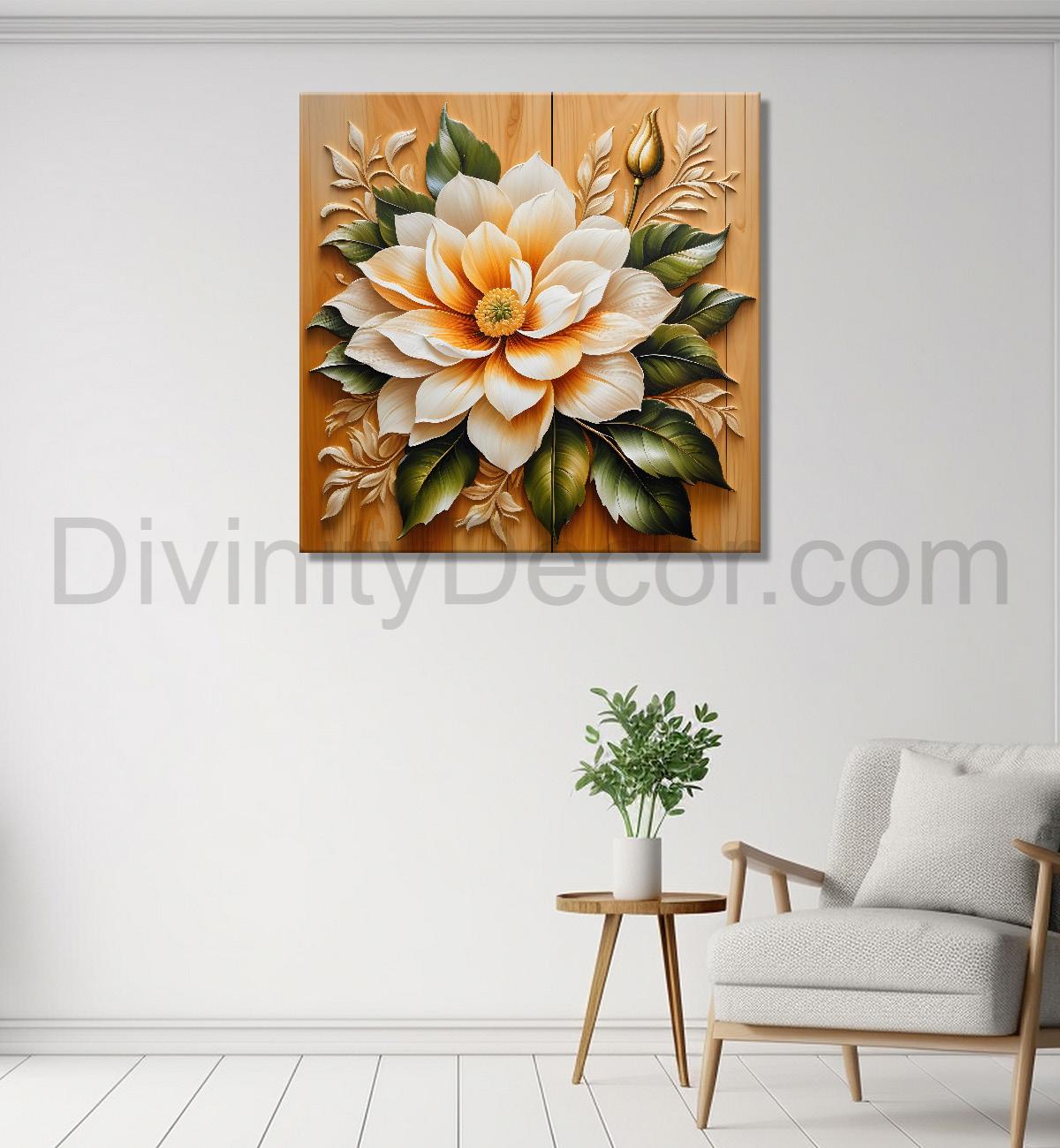 White flower in brown background painting - Flower-S-312