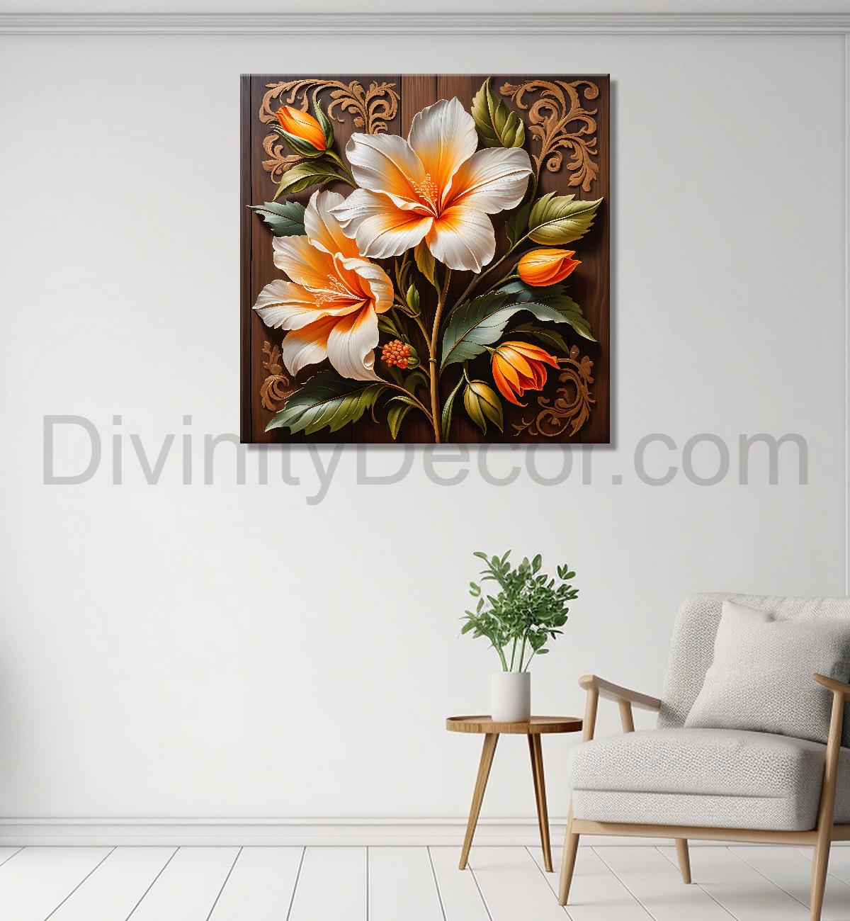 White flower in brown background painting - Flower-S-314