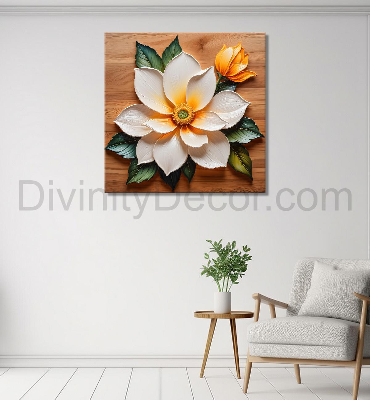 White flower in brown background painting  - Flower-S-316