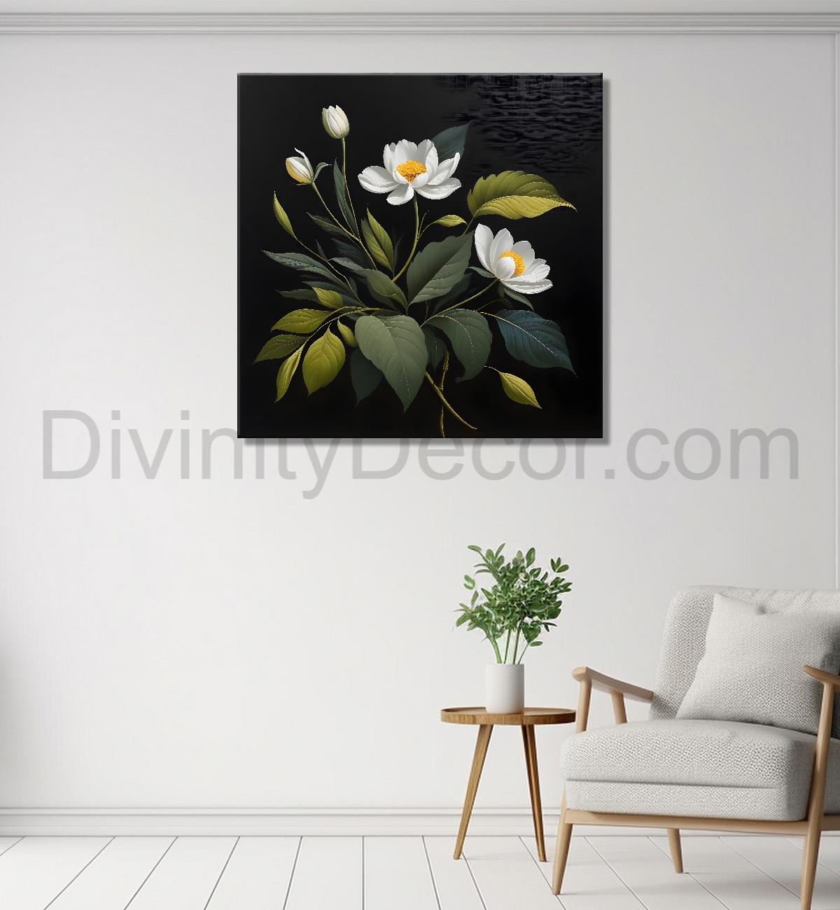 White flowers in black background painting- Flower-S-334