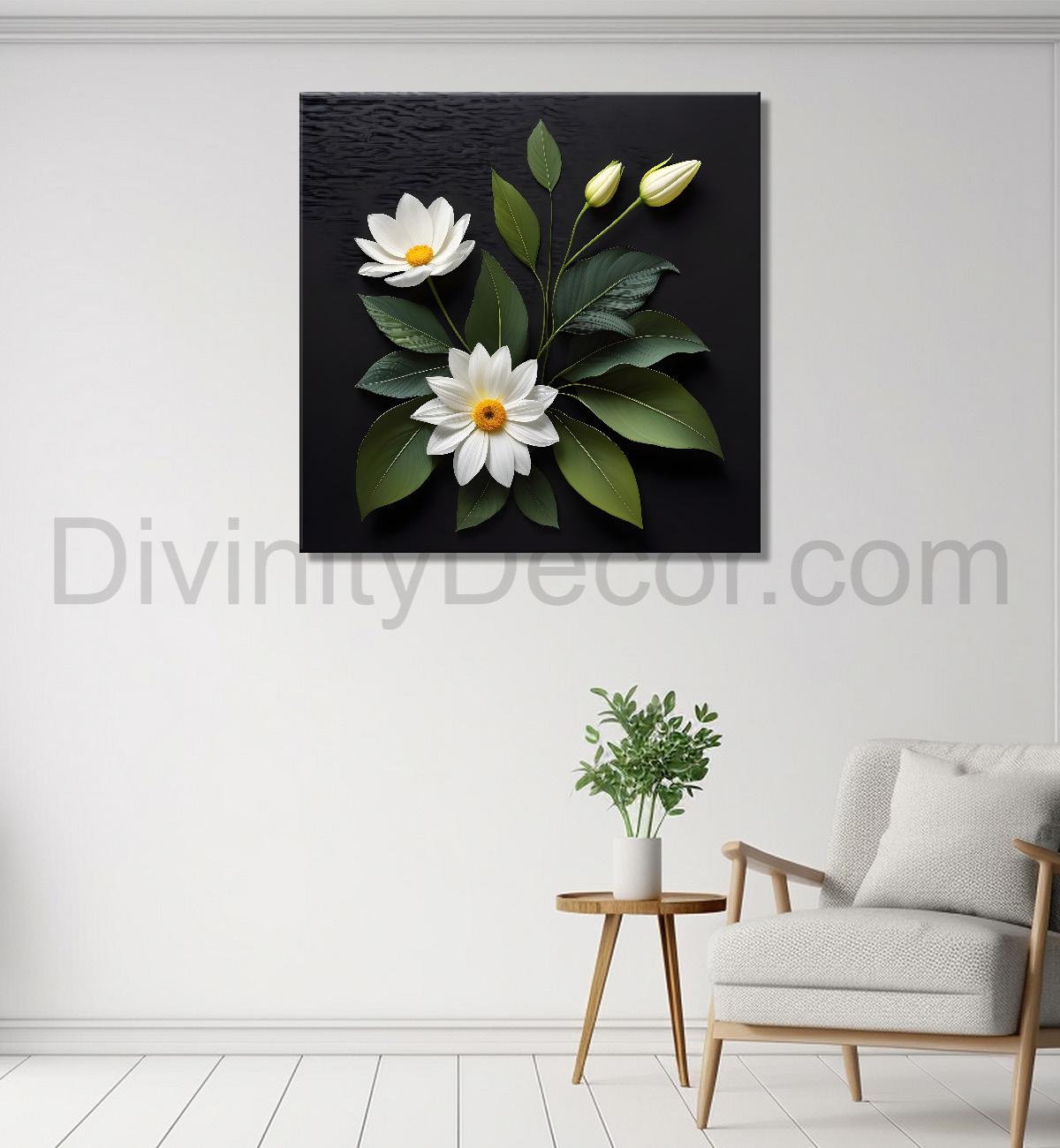 White flowers in black background painting Flower-S-337
