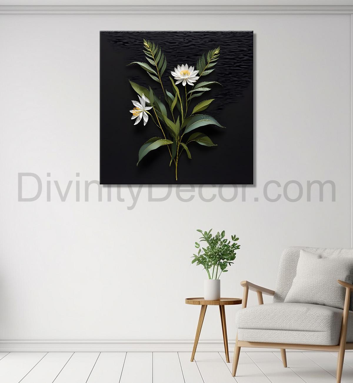 White flowers in black background painting Flower-S-339