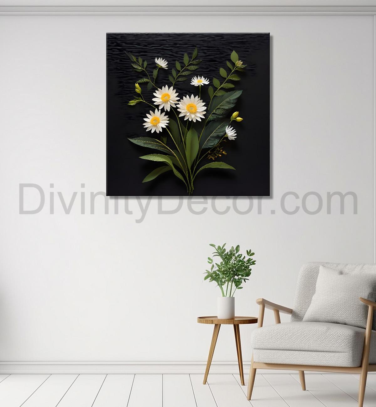 White flowers in black background painting Flower-S-342