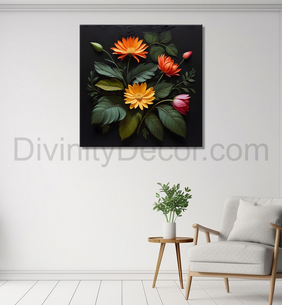 Colourful flowers in black background painting Flower-S-343