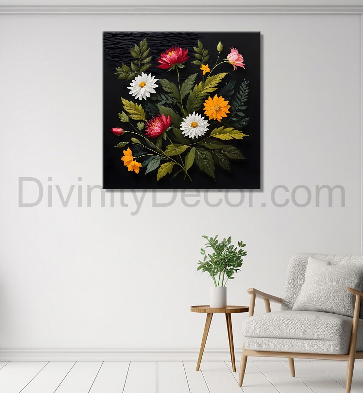 Colourful flowers in black background painting Flower-S-344