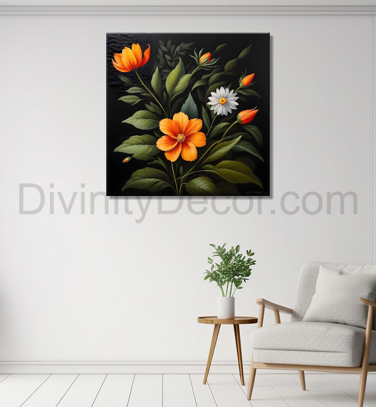 Orange flowers in black background painting Flower-S-347