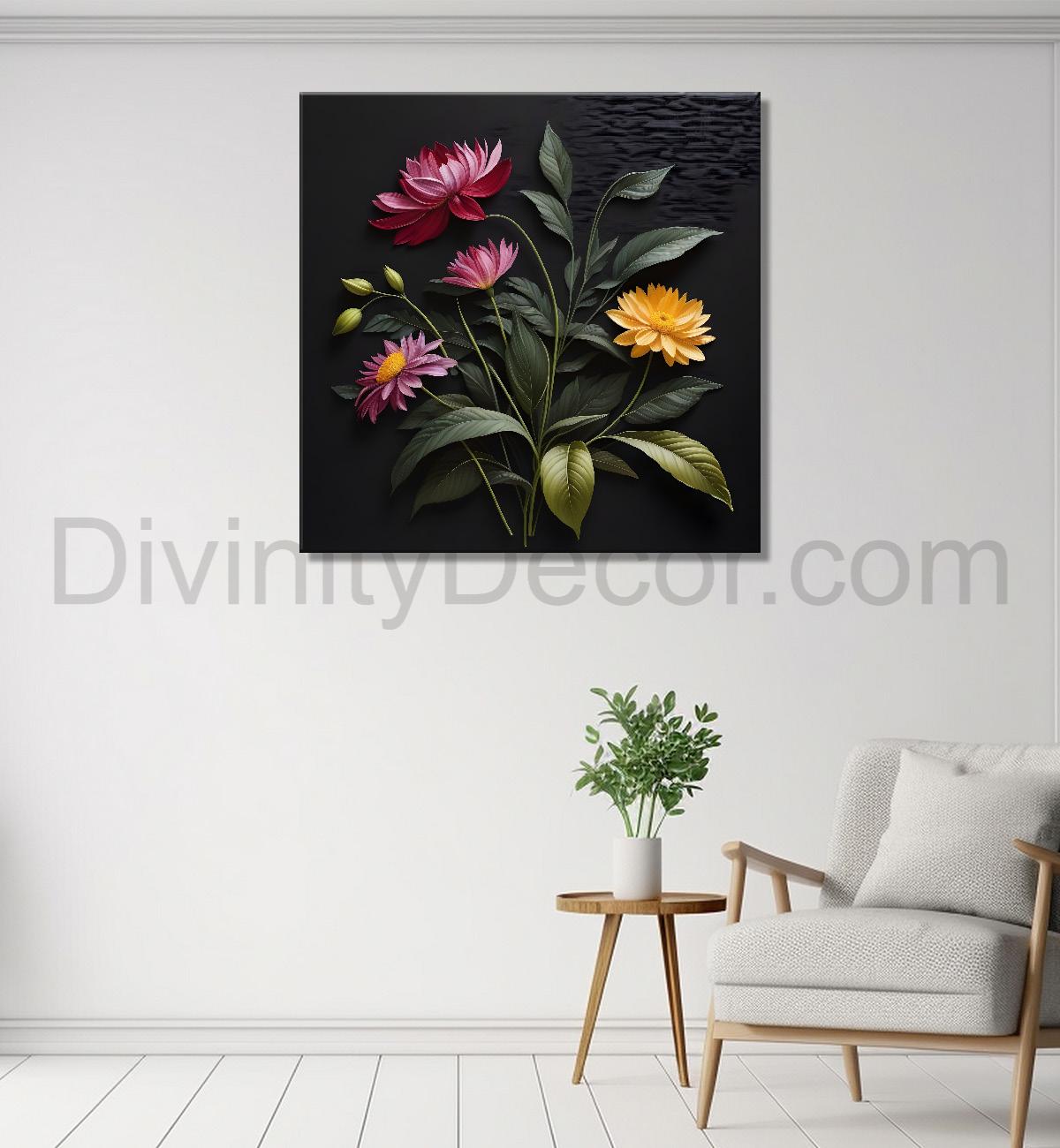 Purple flowers in black background painting Flower-S-349