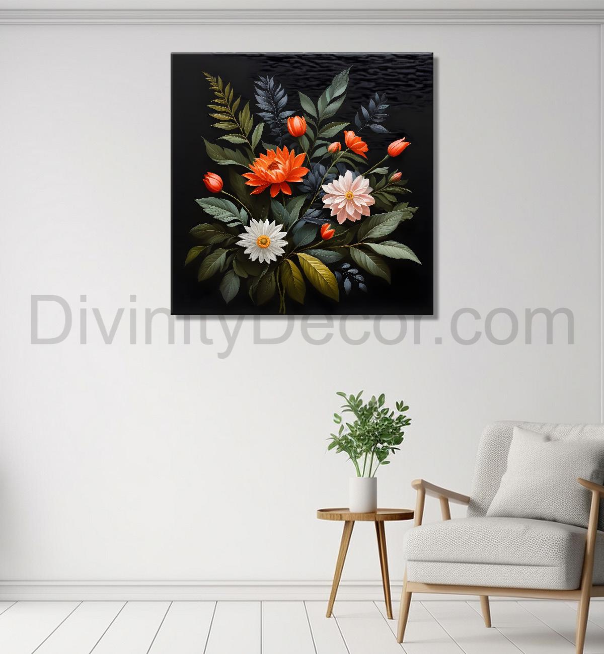Colourful flowers in black background painting Flower-S-350