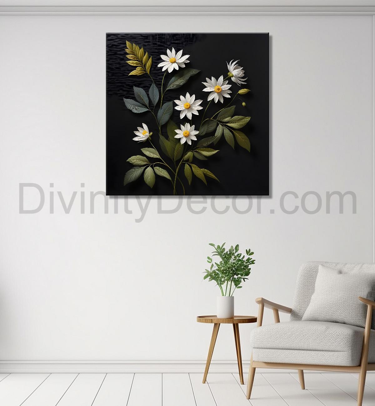 White flowers in black background painting Flower-S-351