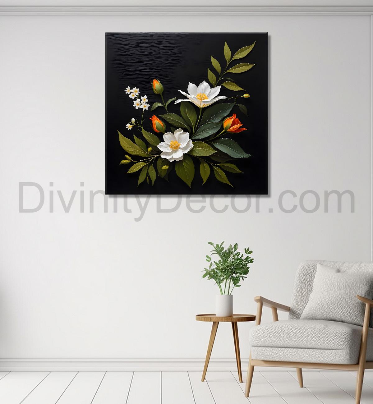 White flowers in black background painting Flower-S-352