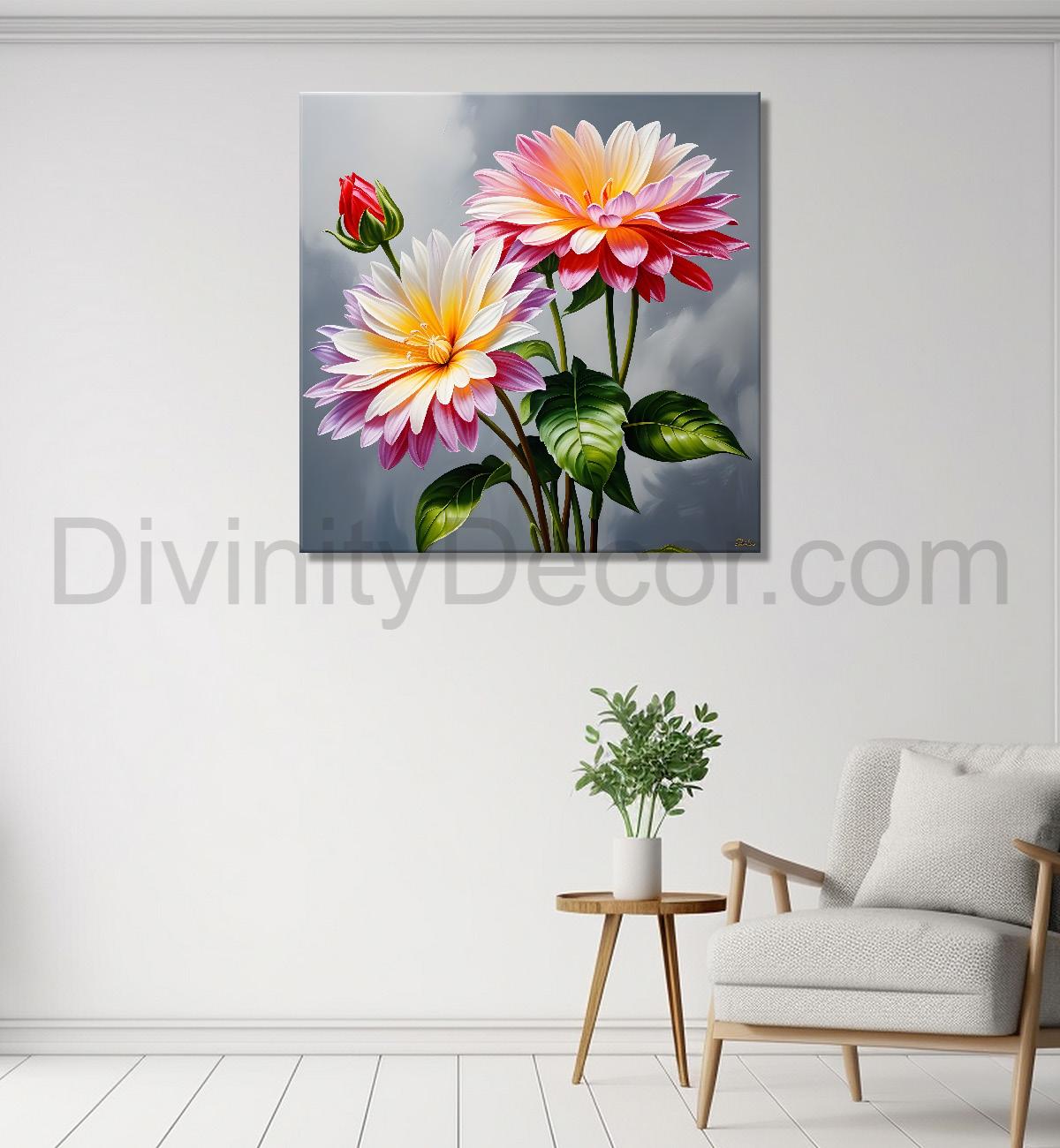 Pink flowers in grey textured painting    Flower-S-365