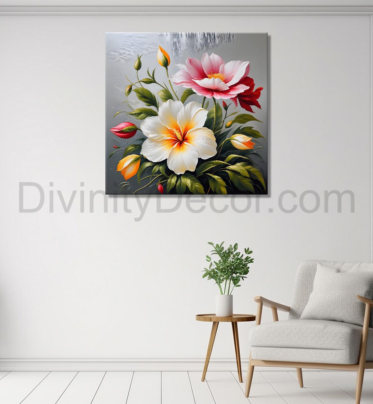 White and pink flower in textured oil painting   Flower-S-380