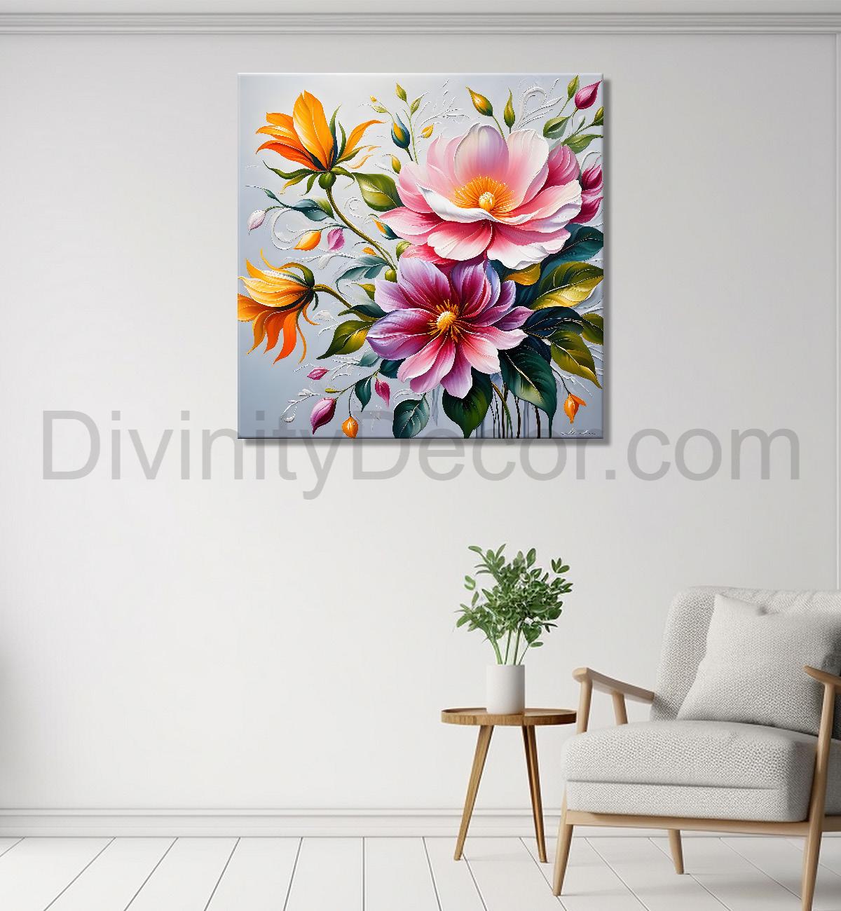 Pink flowers in textured painting   Flower-S-387