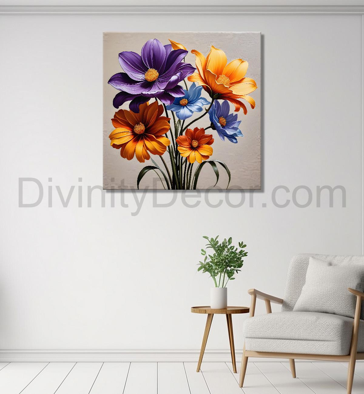 Orange and purple flower in textured oil painting   Flower-S-391