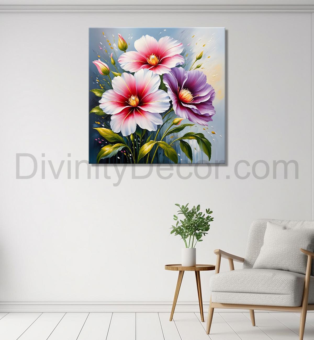 Pink and purple flowers in textured painting   Flower-S-400