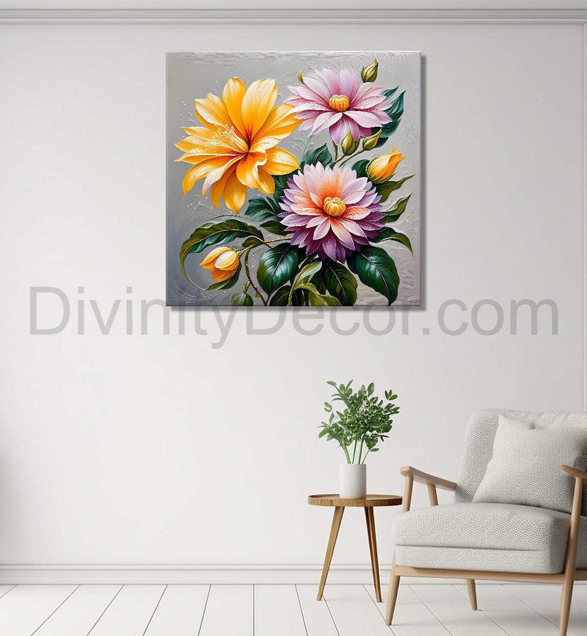Yellow and pink flowers in textured oil painting - Flower-S-401