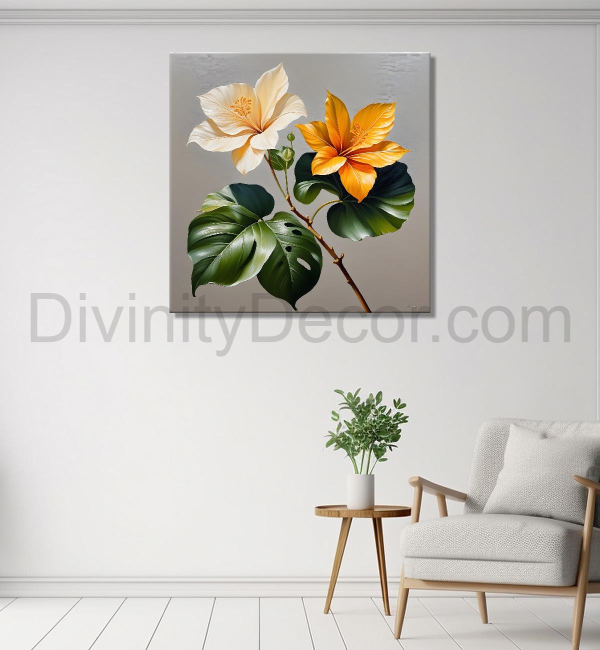White and orange flower in textured oil painting  - Flower-S-422