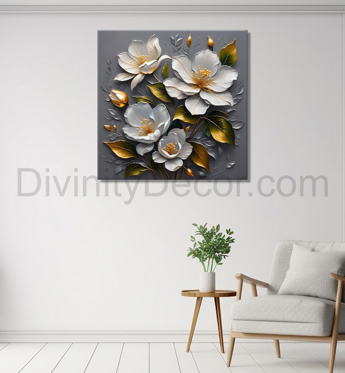 White flowers in grey textured oil painting - Flower-S-426