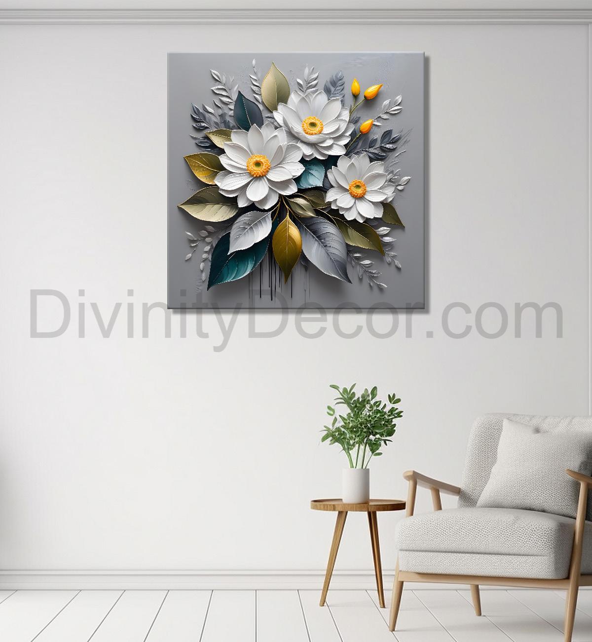 White flowers in grey textured oil painting - Flower-S-427