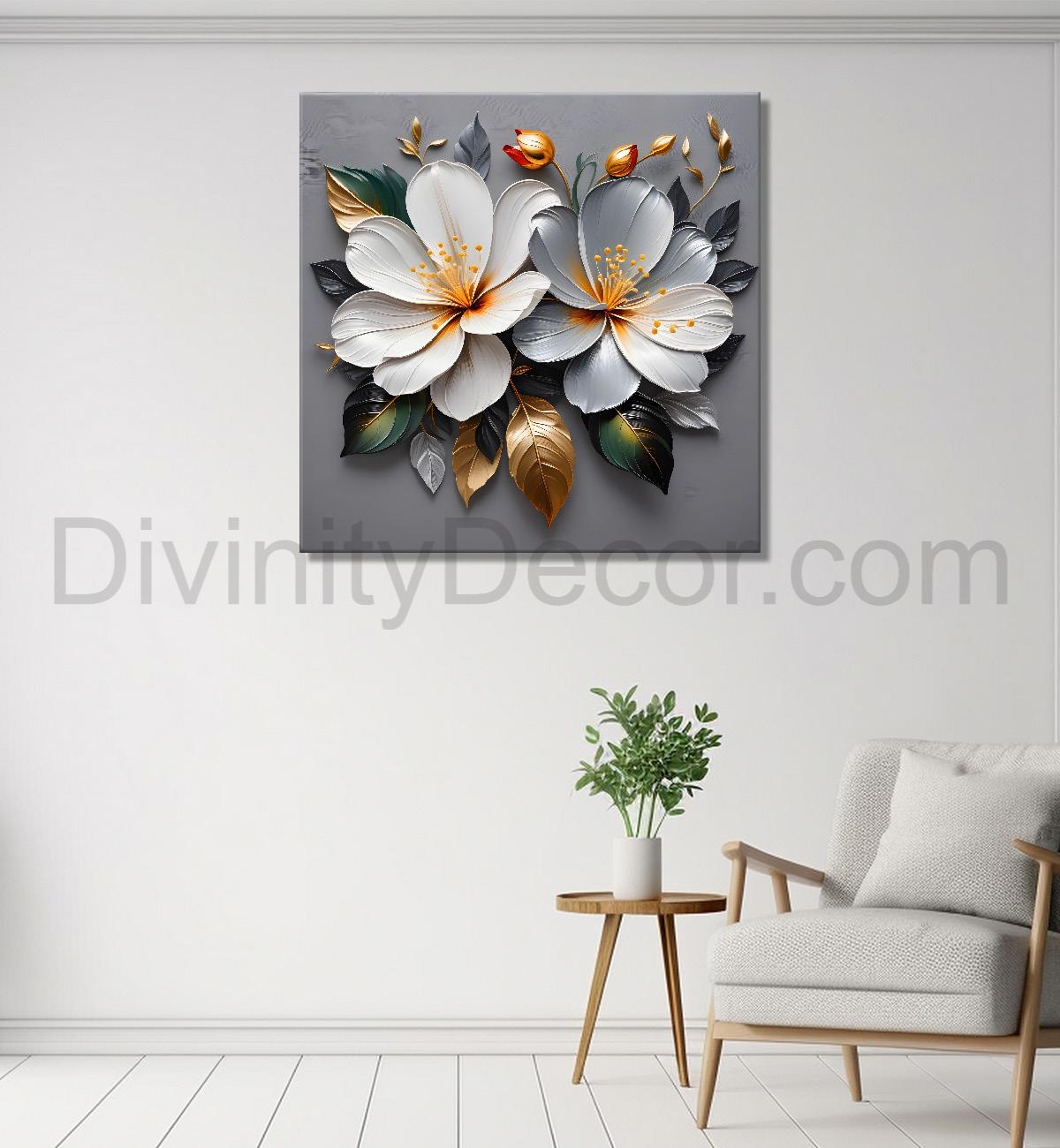 White flowers in grey textured oil painting - Flower-S-428