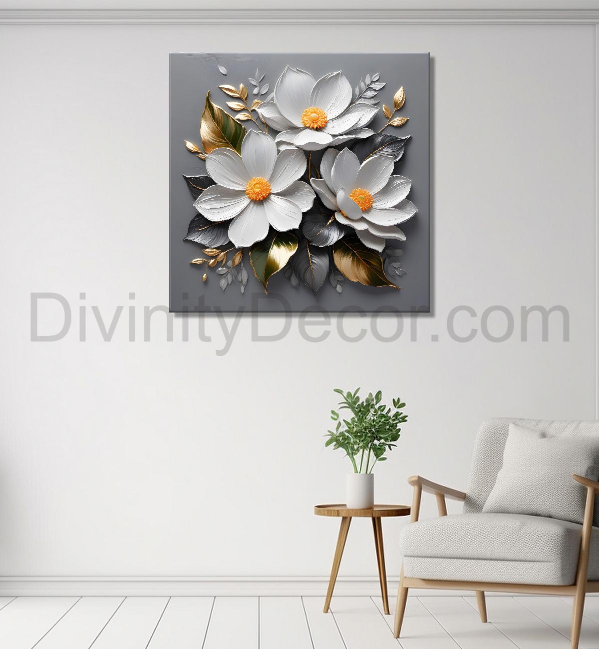 White flowers in grey textured oil painting - Flower-S-429