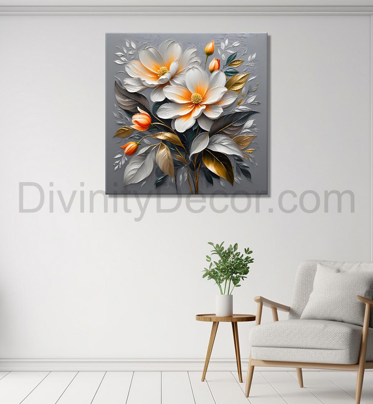 White flowers in grey textured oil painting - Flower-S-430