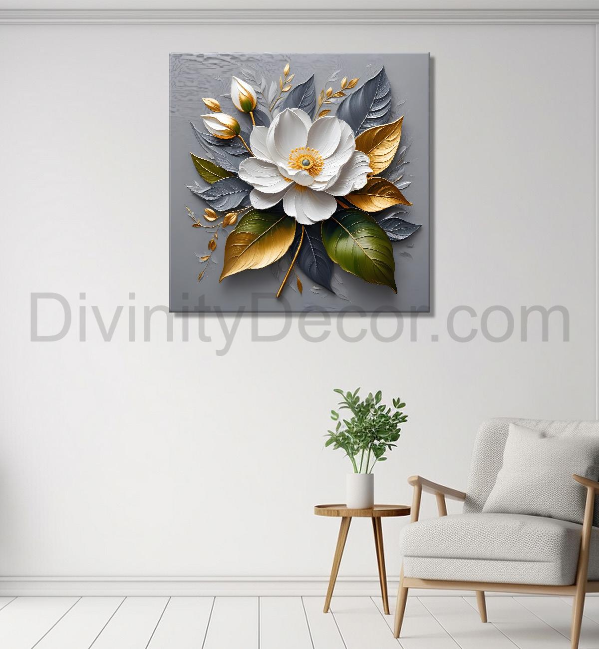 White flowers in grey textured oil painting - Flower-S-431