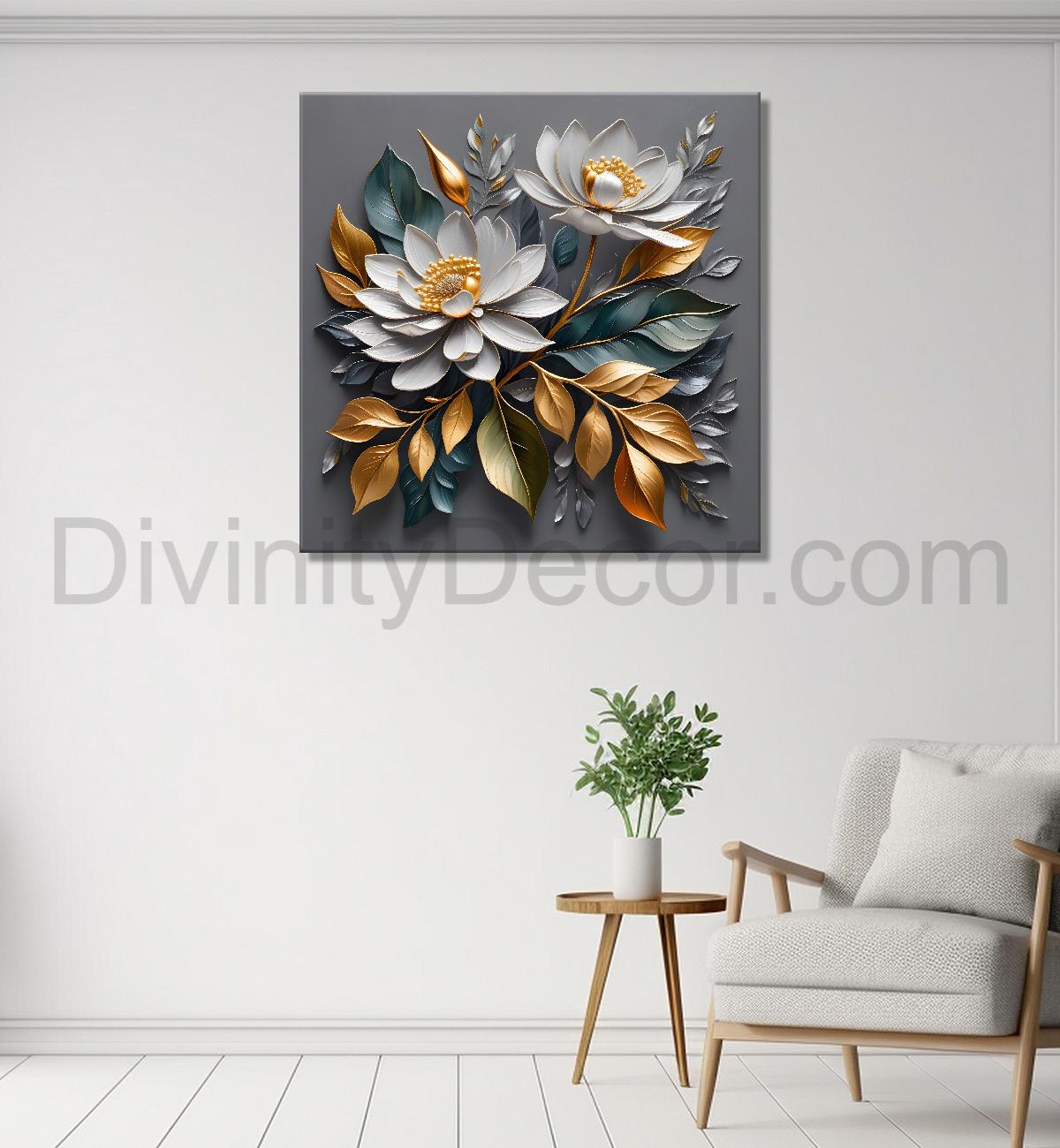 White flowers in grey textured oil painting - Flower-S-432