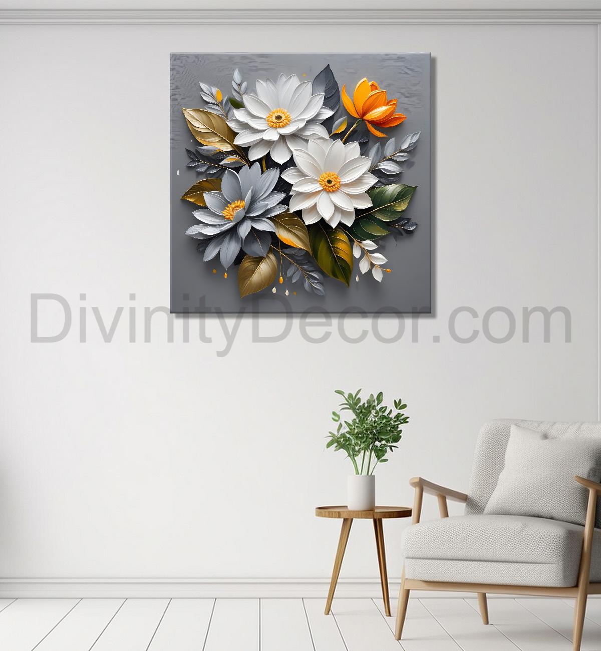 White flowers in grey textured oil painting - Flower-S-433