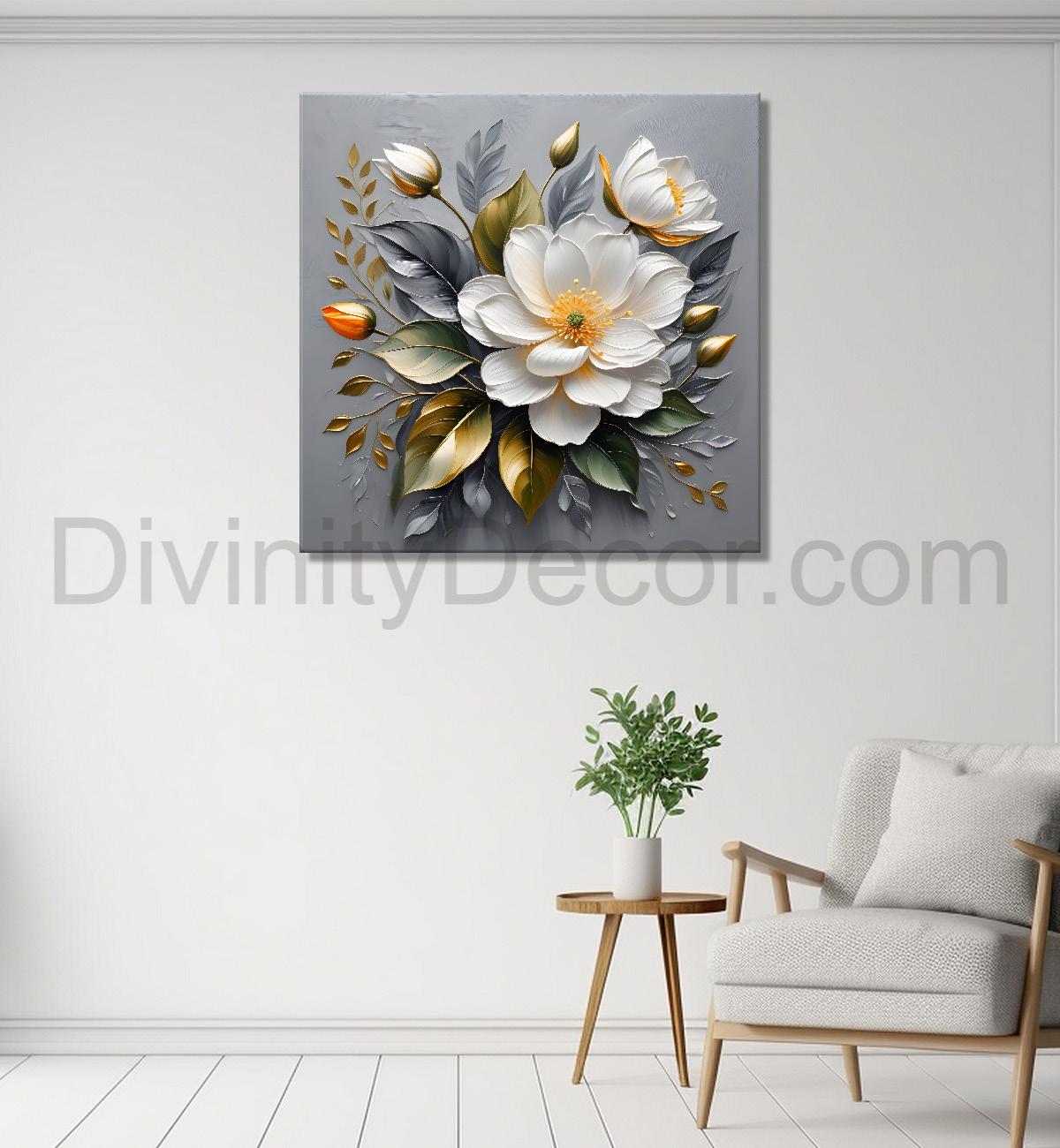 White flowers in grey textured oil painting - Flower-S-434