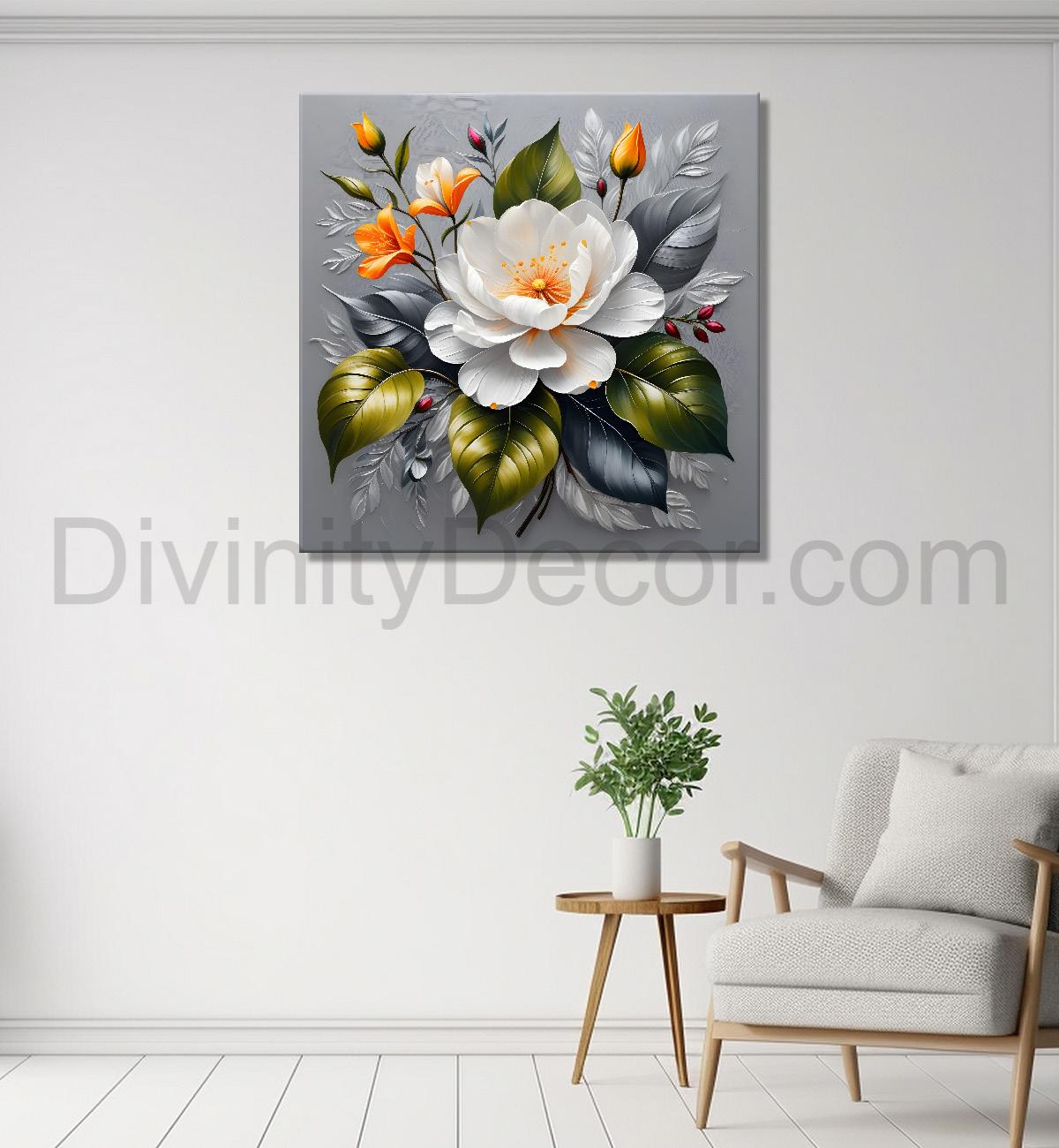 White flowers in grey textured oil painting - Flower-S-435