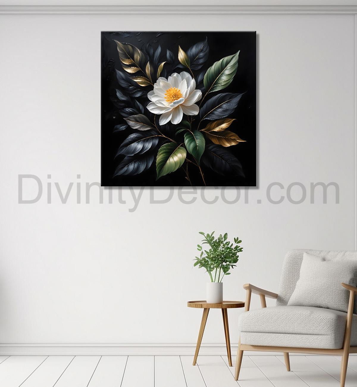 White flowers in black textured oil painting  - Flower-S-436