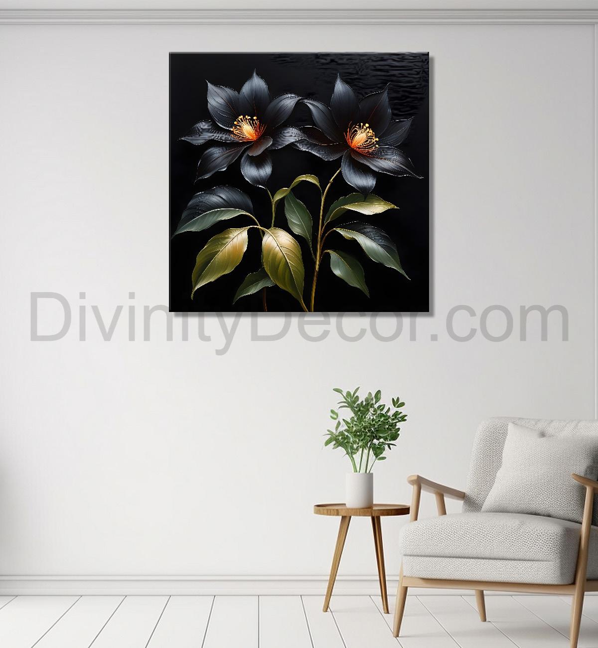 Green leaves in black textured oil painting  - Flower-S-437