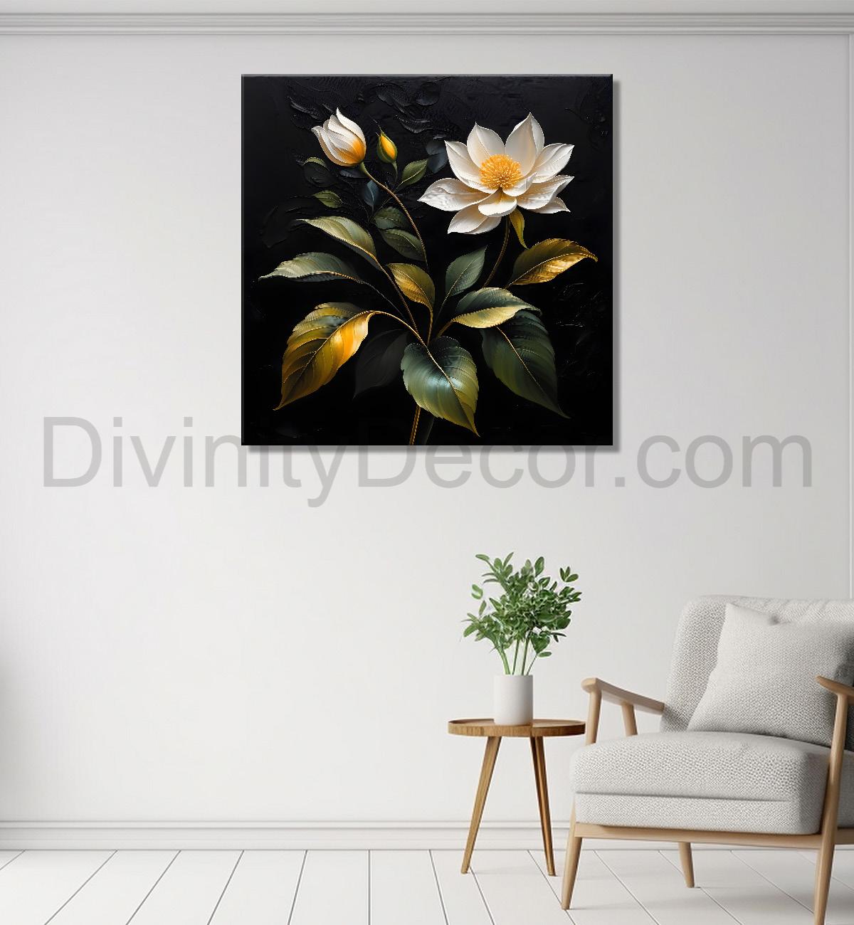 White flowers in black textured oil painting - Flower-S-438